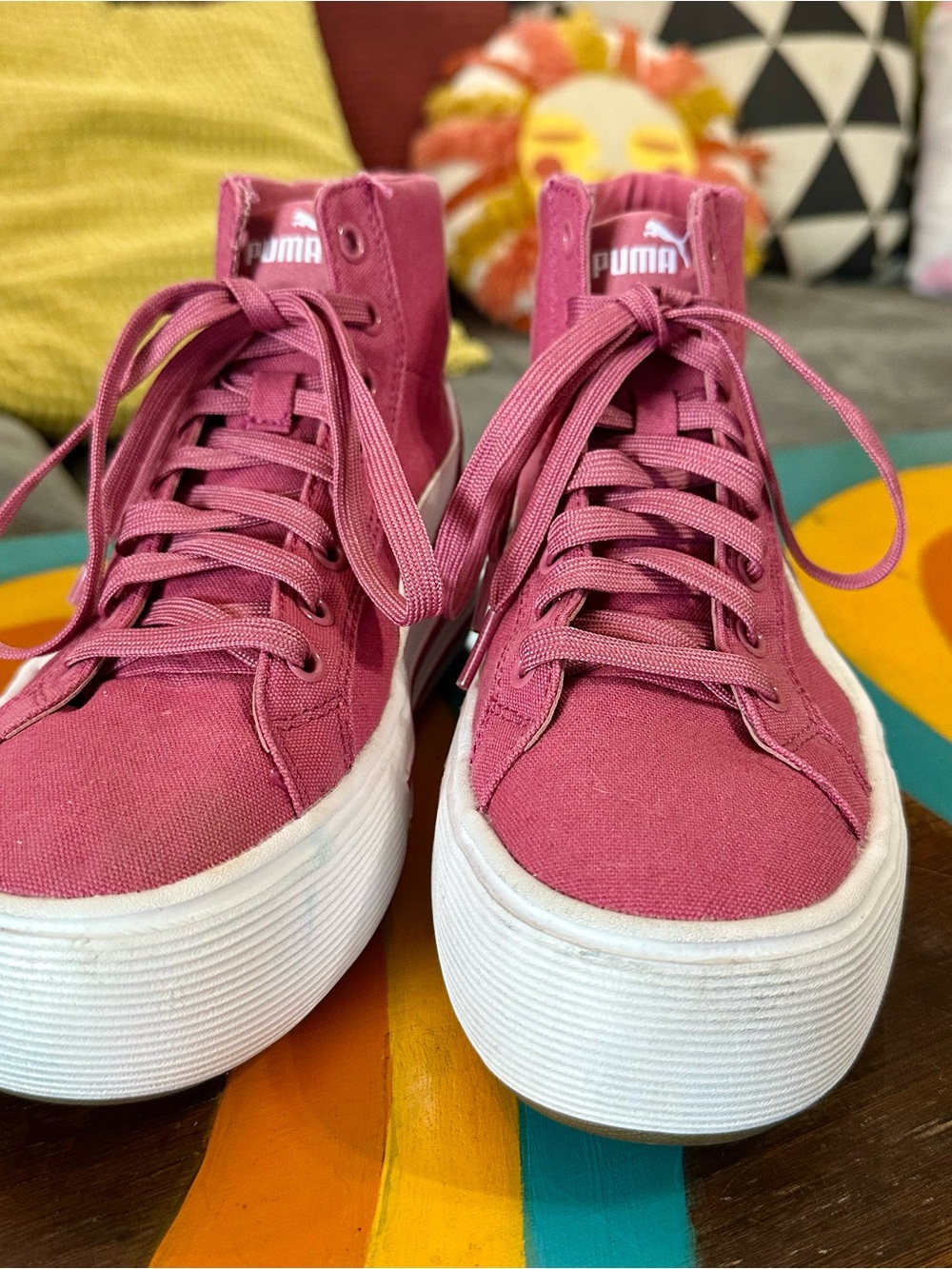Puma Women’s Hot Pink High-Top Platform Sneakers with White Side Stripe - Picture 2 of 7
